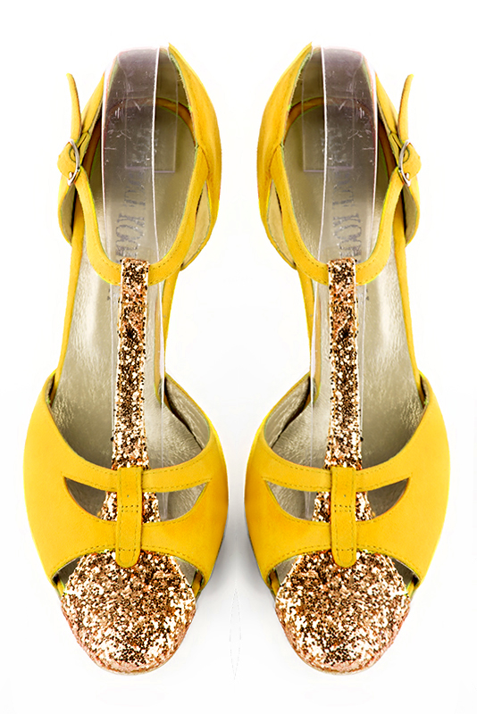 Copper gold and yellow women's T-strap open side shoes. Round toe. High slim heel. Top view - Florence KOOIJMAN